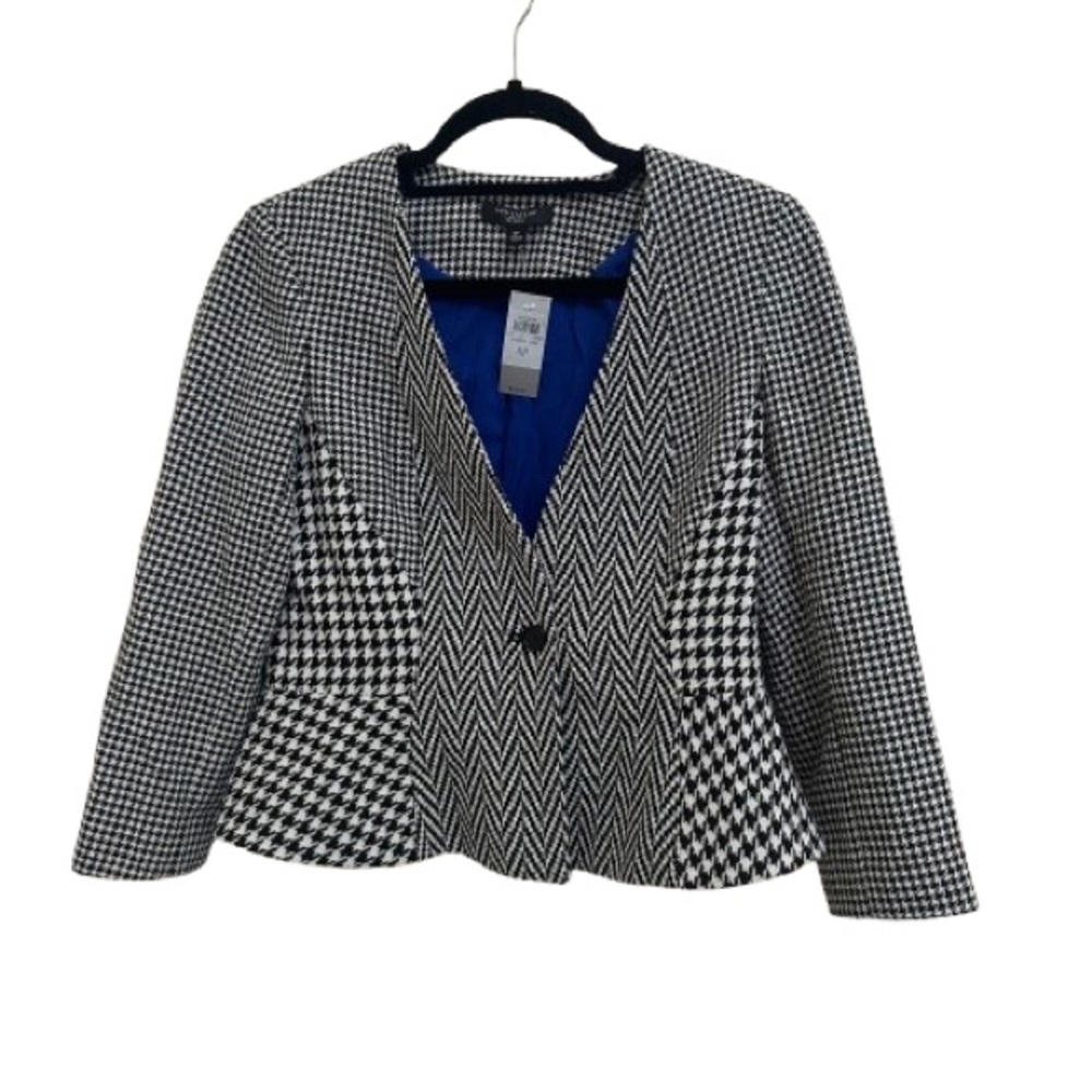 Ann Taylor Jacket Womens Black Wool Blend Blazer Houndstooth Check size 8 Petite - Picture 5 of 11